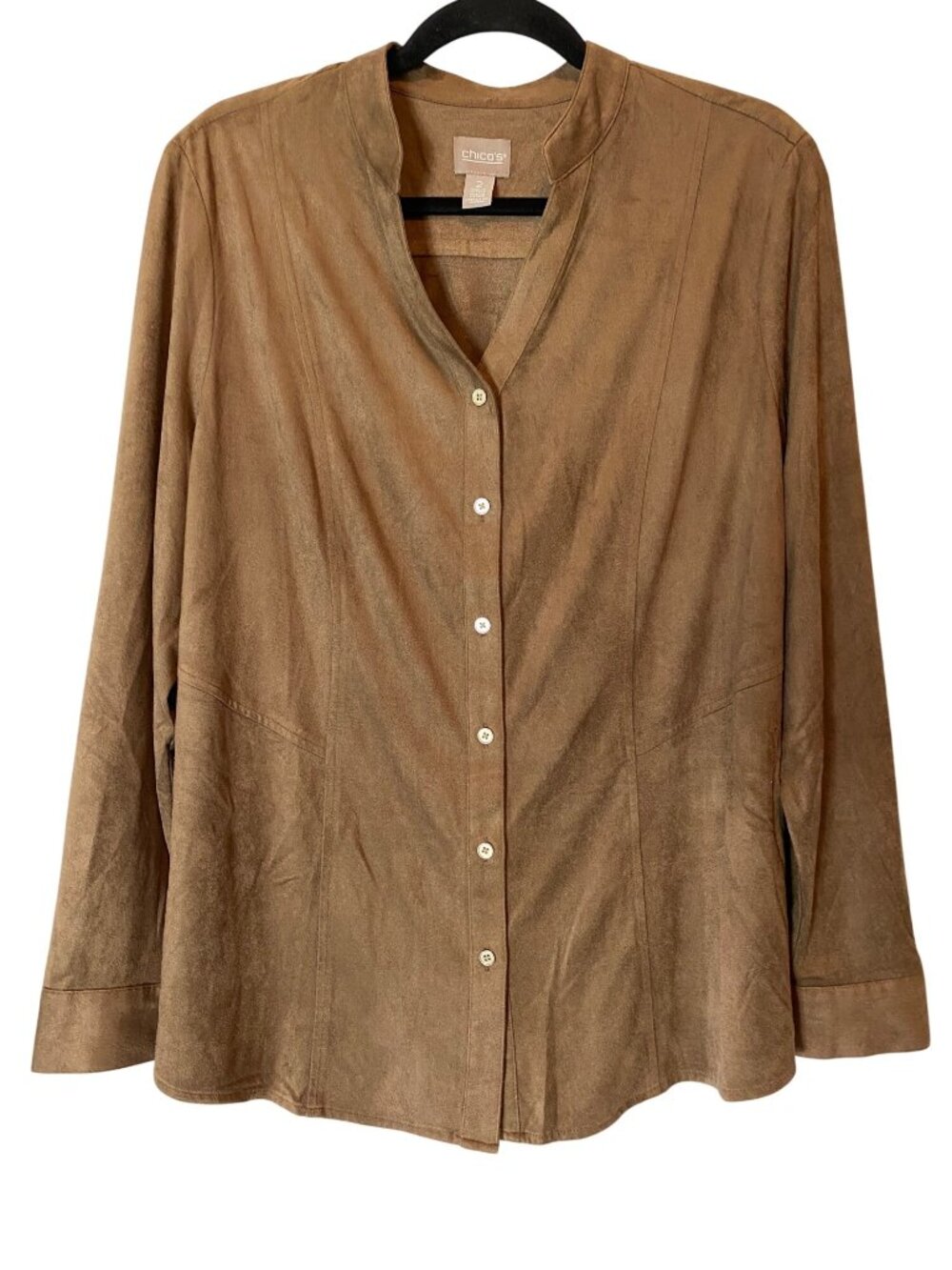 Chicos Size 2 Brown Button-Up Long Sleeve Shirt Soft Stretchy Large